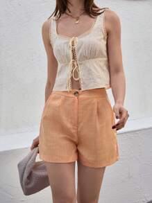 RueChic High Waist Plicated Detail Slant Pocket Shorts - Camel - View 1