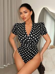 SHEIN SXY 女士短袖V领紧身衣，夏季时尚 - 黑與白 - 查看 4