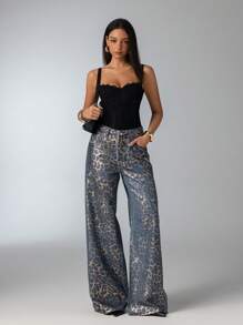 Aloruh 女士时尚豹纹阔腿牛仔裤 - 淺藍色 - 查看 2