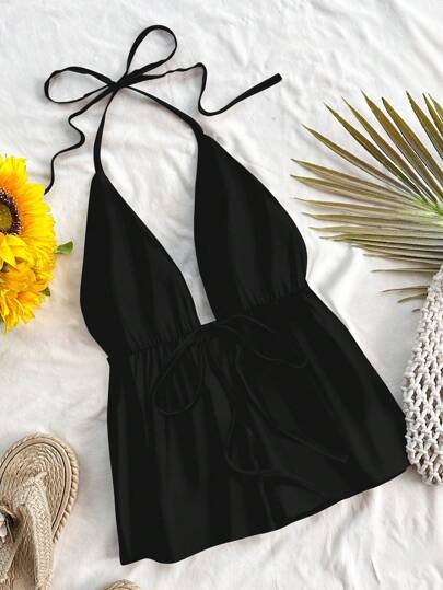 Soleia Camiseta sin mangas de mujer casual de encaje negro con cuello halter y espalda descubierta, adecuada para el verano