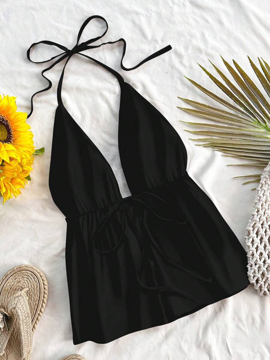 Soleia Women's Casual Halter Tie-Up Open Back Cami Tank Top, Suitable For Summer - Black - View 1