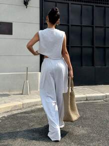 Muchica 2pcs/Set Woman Solid Color Round Neck Casual Loose Top & Pants All White Outfit Set - Grey - View 2