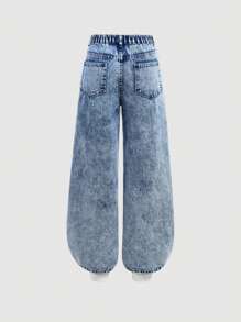 SHEIN Girlism 少女蓝色牛仔宽松直筒破洞牛仔裤 - 淺色水洗藍 - 查看 2