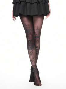 ROMWE Fairycore 1pc Creative Big Butterfly Printed Pantyhose - Black - View 3