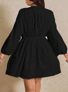 Elaquor Plus Size Casual Solid Color Lantern Sleeve Dress Flowy Dress Spring To Summer - Black - View 7
