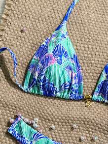 Swim Mod 夏季两件套沙滩装，随机印花吊带上衣和高腰下装，夏季度假比基尼套装 - 彩色 - 查看 5