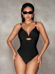 SHEIN Swim New Summer Women's Solid Color Adjustable Strap With Metal Decor Fitted One-Piece Swimsuit, Sexy & Elegant For Beach, Party, Valentine's Day - Black - View 7