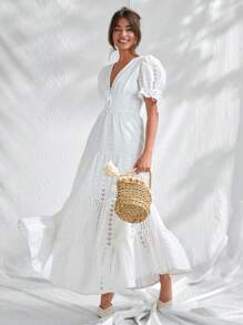 CLARA VERO Vestido de algodón bordado con manga corta, detalle de lazo delantero y botones, de unicolor para mujer