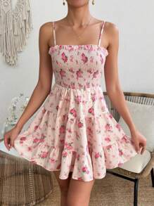 Breezaya Ditsy Floral Printed Ruffle Hem Cami Dress With Smocking Details Vacation Beach Outfits Women - Multicolor - View 4