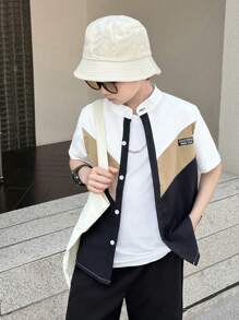 男童青少年运动休闲拼色立领短袖衬衫 - 彩色 - 查看 1