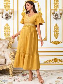 SHEIN Mutterschaftskleid mit floralen Prints, V-Ausschnitt, Rüschen an den Ärmeln, elegantes Design - Gelb - Übersicht 4