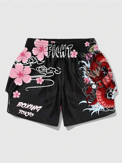 Anime Men Dragon Letter & Floral Print Loose Boxing Shorts