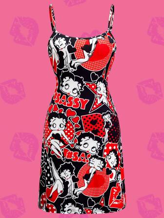 Betty Boop x SHEIN 女士爱心波点卡通复古少女图案黑色吊带睡裙，休闲百搭，日常夏季穿着
