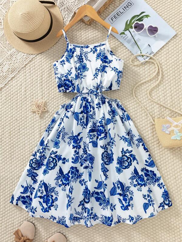 Sparklyn Vestido de vacaciones para niña preadolescente con estampado floral, tirantes finos y corte a la cintura