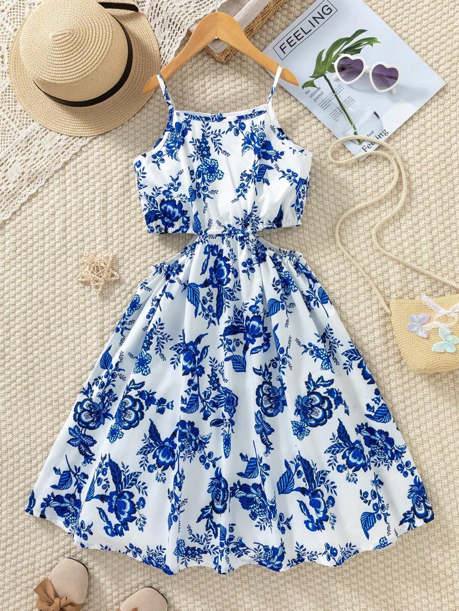 Sparklyn 青少年女孩花卉印花细肩带镂空腰部度假连衣裙 - 藍白色 - 查看 1