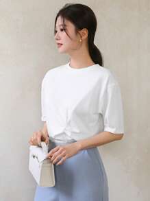 DAZY 1 件女式纯色修身短袖开衩 T 恤，简约时尚休闲日常穿着夏季学院风上衣 - 白色 - 查看 6