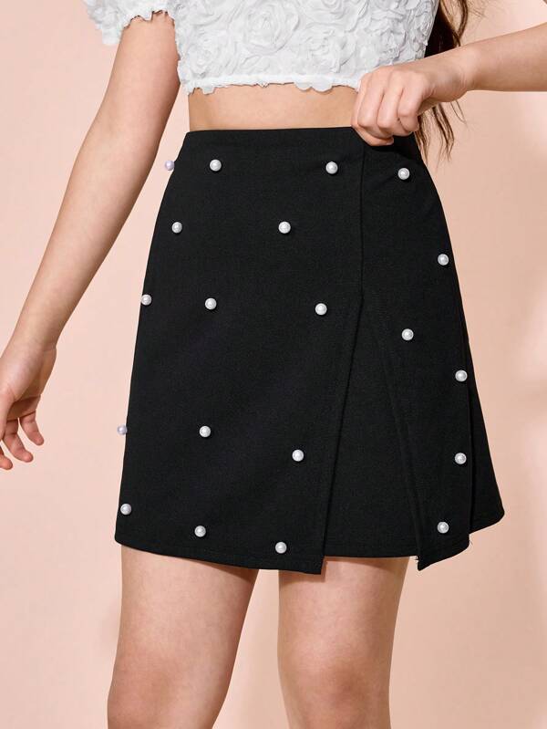 Tween Girls' Versatile Summer Black Pearl Decorated Mini Skirt