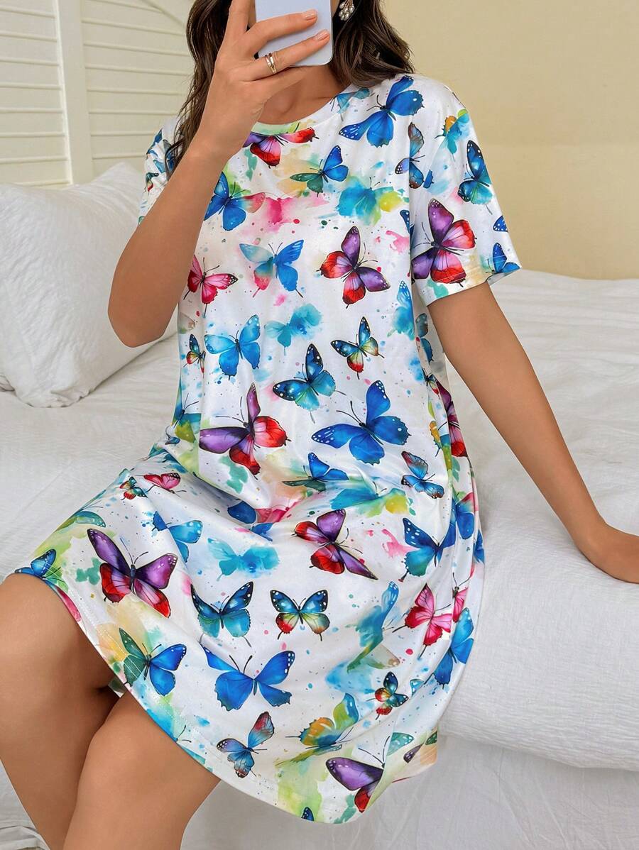 SHEIN Áo ngủ nữ cổ tròn tay ngắn in hình bướm màu nước - Nhiều màu - Xem 1
