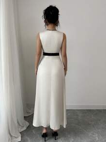 Elenzga Damen elegantes Midi-Kleid mit Farbblockdesign, ärmelloser Taille-Gestaltung