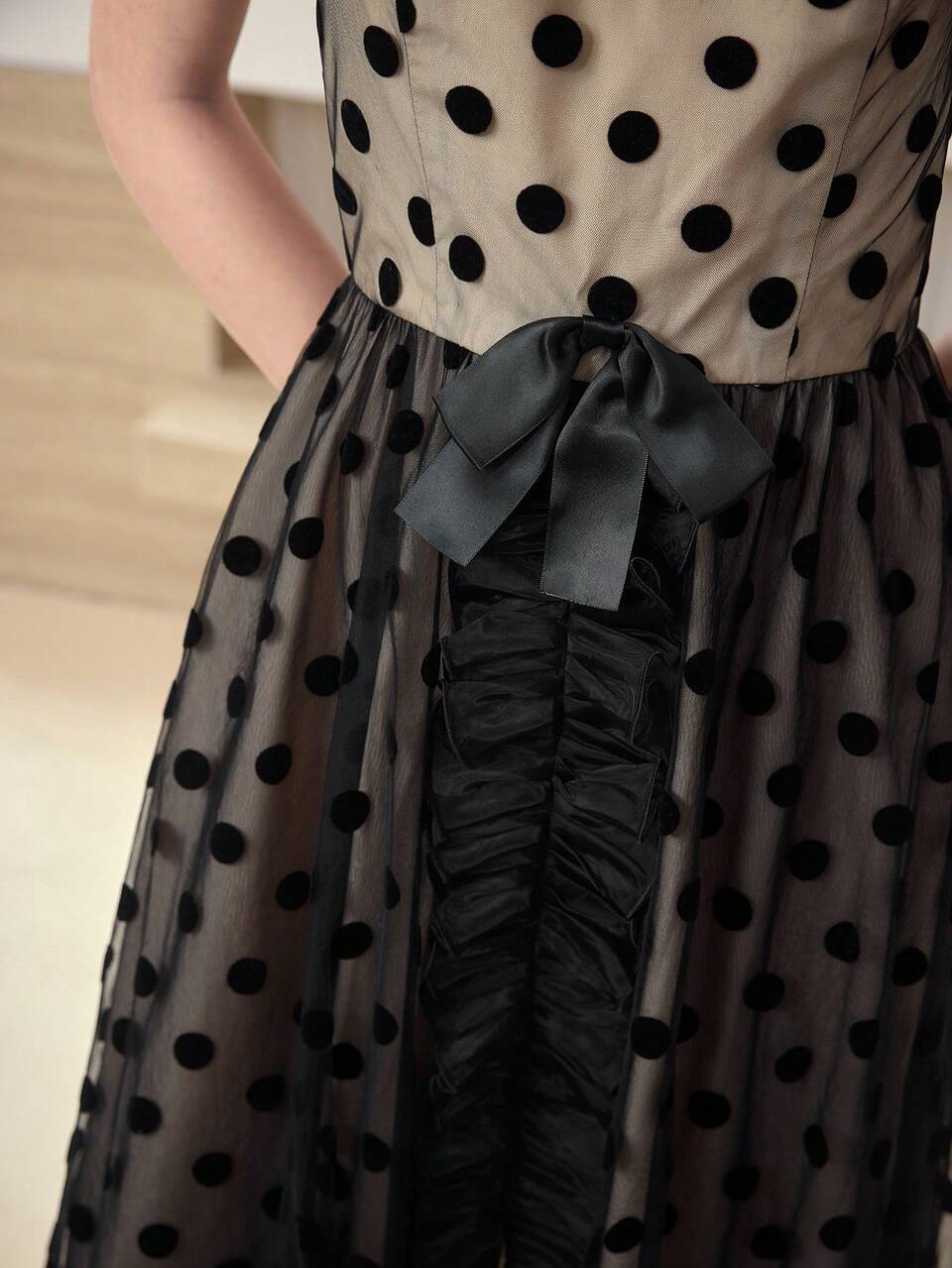 MOTF STUDIO CONTRAST MESH POLKA DOT FLOCKING DRESS