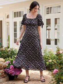 Uhlyne Damen elegantes Blumendruck-Kleid mit Puffärmeln und geraffter Taille, quadratischem Ausschnitt, frischer Urlaubsstil