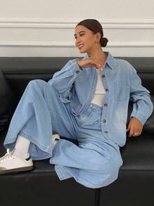 DAZY Women Solid Color Shirt Top & Jeans Trousers Set,Fall Clothes - Light Wash - View 6