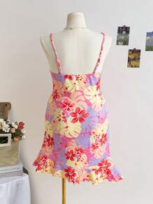 Soleia Plus Size Women Floral Print Halter Neck Ruffle Hem Fitted Vacation Dress, Back To School Clothes, Suitable For Fall - Multicolor - View 2