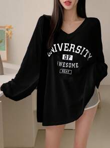 DAZY 女式春夏宽松 V 领落肩长袖 T 恤，带标语印花、图案 T 恤 - 黑色 - 查看 3