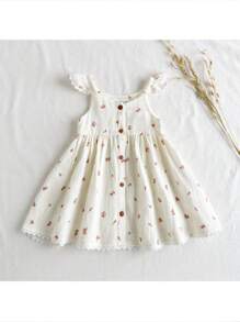 Loomiva Baby Girl Ditsy Floral Pattern Round Neck Cap Sleeve Cinched Waist Dress - Apricot - View 3