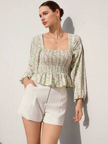 Aveloria Rosie New Arrival Spring/Summer Fresh Ditsy Floral Square Collar Shirred Design Striped Puff Sleeve Cute Ruffle Hem Waist Tied Versatile Women Blouse Boho Vacation Fashionable Style All Over Print - Multicolor - View 4