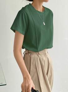 DAZY Solid Seam Detail Tee Preppy Tops - Green - View 5
