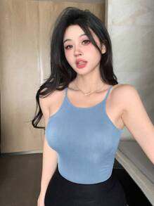 DAZY Sexy Solid Color Slim Fit Camisole, Short Round Neck Blue Cami Top For Women, Spring/Summer - Blue - View 4