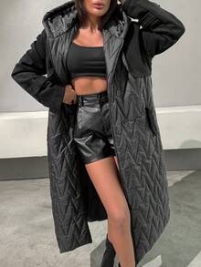 Women Garnished Trench Detailed Luxe Elegant Long Quilted Jacket - Black - View 3