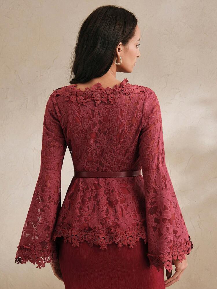 Elegant Modern Romantic Hollow Floral Patched Tie-Waist Flare Sleeve Blouse, Spring For Women