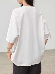 Dazy-Less T-shirt ample et décontracté pour femme, style minimaliste avec grande poche, manches courtes, t-shirt oversize pour l'été - Blanc - Voir 5