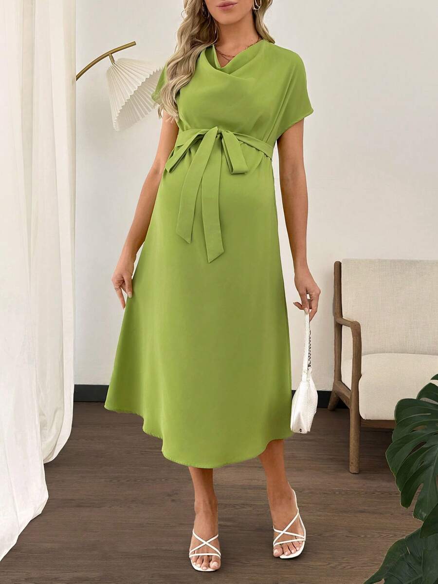 SHEIN Maternity Bat Wing Scoop Neck A-Line Dress - Green - View 1