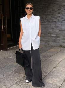 DAZY Women's Solid Color Loose Oversized Sleeveless Casual Vacation Shirt Blouse, Summer - White - View 5