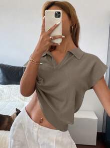 Livesso Blusa de punto de color liso con cuello polo ajustada, casual para mujer en primavera/verano
