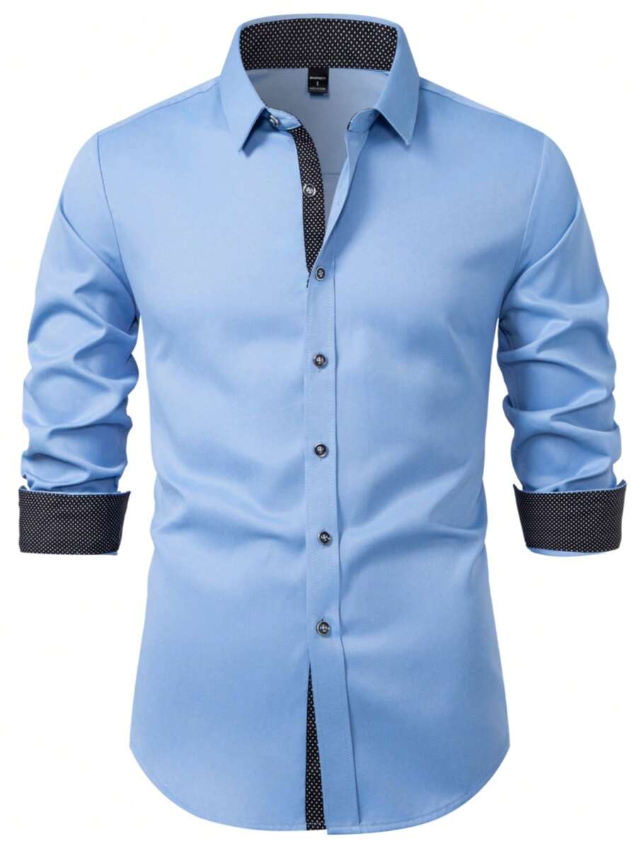 Manfinity Mode Casual Color Block Long Sleeve Shirt For Men, Dress Shirts, Fall - Blue - View 1