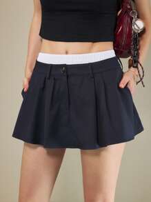 Muvela Váy mini xếp ly túi màu xanh navy cạp thấp cho nữ, váy mùa hè thường ngày - Màu xanh hải quân - Xem 1