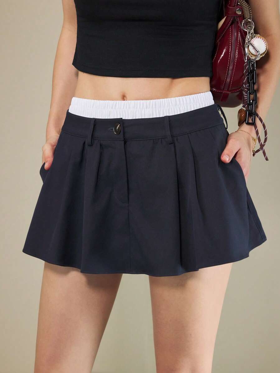 Muvela Váy mini xếp ly túi màu xanh navy cạp thấp cho nữ, váy mùa hè thường ngày - Màu xanh hải quân - Xem 1