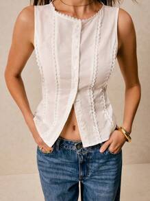 Poéselle Áo hai dây nữ thoải mái, cài khuy ren phía sau, thắt eo, kiểu dáng dễ thương, thanh lịch, màu trơn, viền ren, cài khuy phía trước, áo trắng mùa hè, áo mùa hè, áo cưới mùa hè, áo trắng mùa hè, áo nữ đi chơi, áo sơ mi mùa hè, áo trắng, áo kiểu dễ thương, áo kiểu cao bồi mùa xuân, trang phục phương Tây nữ, áo kiểu Y2K. - trắng - Xem 2