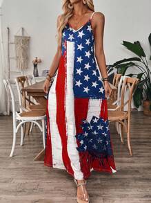 SHEIN 女式休闲长吊带连衣裙，饰有美国国旗印花