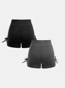 Set de 2 piezas de Licras y shorts ciclistas con cintura fruncida y lazo en estilo deportivo para niñas preadolescentes, ideal para volver al colegio - Multicolor - Ver 6