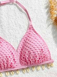 SHEIN Tween Girls Fashion Simple Shell Print 2pcs Bikini Set With Ruched Beach Cover-Up Dress - Baby Pink - View 5