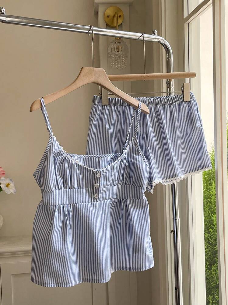 Comfortcana 2pcs Summer Vacation Stripe Camisole Top And Shorts Set - Blue and White - View 6