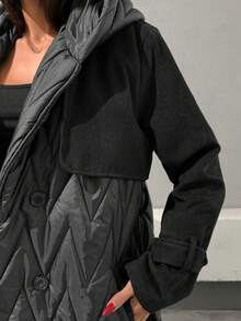 Women Garnished Trench Detailed Luxe Elegant Long Quilted Jacket - Black - View 7