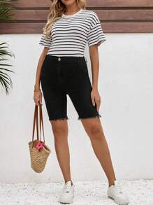 SHEIN Maternity Casual Skinny Elastic Denim Shorts, Black,Summer Beach Vacation , Suitable For Daily Dating, Night Out, Nightclubs, Parties, Get-Togethers, Pool Parties, Back-To-School Season Clothing, Back-To-School Season Clothing, Holiday Women's , Music Festival Clothing, Country Music Festival Clothing, Concert Clothing,Mother Day/Mom/Mother/ Mommy/Mother's Day/Mama/Mum/Mother's Day Gift - Black - View 3