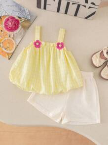 2pcs Toddler Girls' Summer Outfit: Sleeveless Top With Decorative 3D Floral Applique And Solid White Waist-Cinched Shorts, Comfortable Linen Blend Gingham Pattern, Versatile Casual/Holiday Wear - Multicolor - View 3