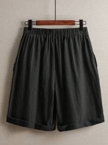 SHEIN JORESS Pantalones cortos de lino sólidos, holgados, casuales y versátiles con bolsillos para mujer